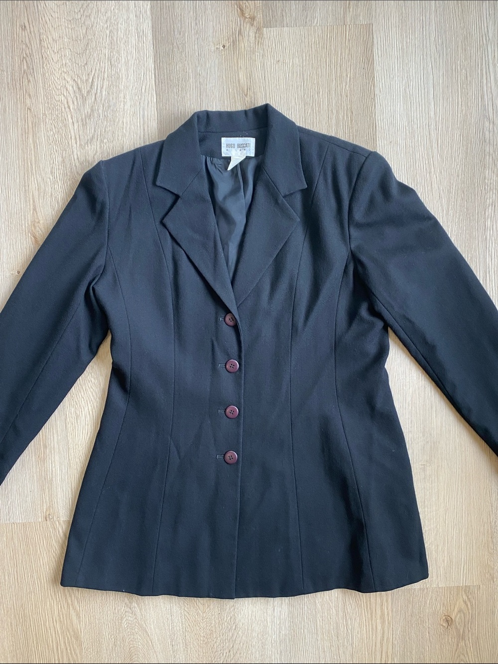 Vintage Hugo Buscati Milano Black 100% Wool Tailored Blazer Jacket Size 16 - Picture 3 of 11